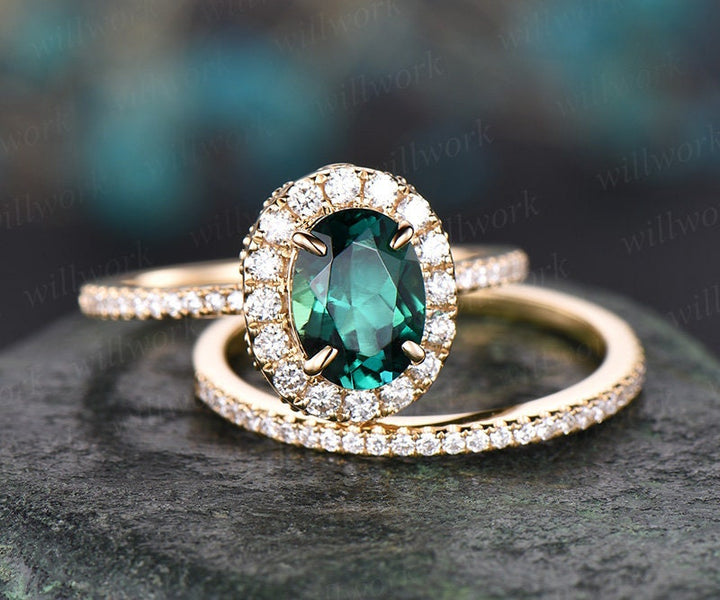 2pc oval cut emerald engagement ring set 14k rose gold moissanite halo ring vintage matching stacking for women her bridal wedding ring set