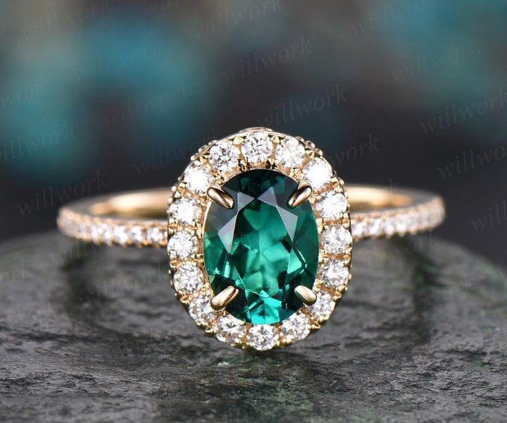 Green emerald engagement ring solid 14k yellow gold real diamond ring moissanite halo ring May birthstone oval vintage weddig promise ring