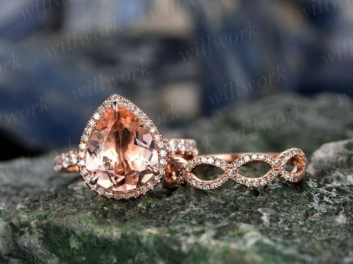 2pcs tear dropped morganite engagement ring set 14k rose gold matching band diamond halo big gift wedding bridal promise ring set for her