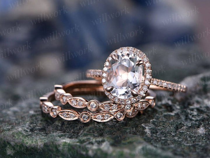 Morganite engagement ring set rose gold ring diamond halo oval 3pcs matching unique antique marquise wedding bridal promise ring set for her