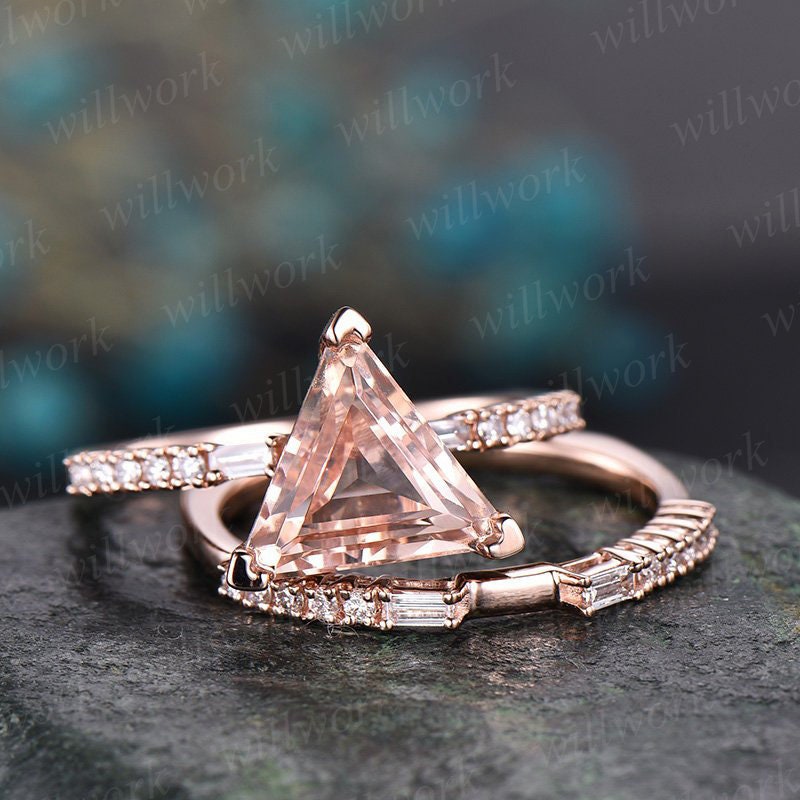 2pcs trillion cut morganite engagement ring set 14k rose gold real diamond vintage antique unique promise bridal wedding ring set for her