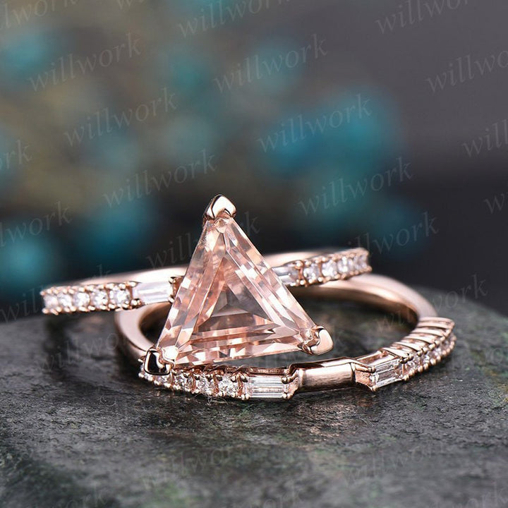 2pcs trillion cut morganite engagement ring set 14k rose gold real diamond vintage antique unique promise bridal wedding ring set for her
