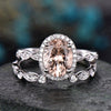 Morganite engagement ring set handmade solid 14k white gold ring under halo open diamond ring band 7x9 oval cut gemstone bridal ring set