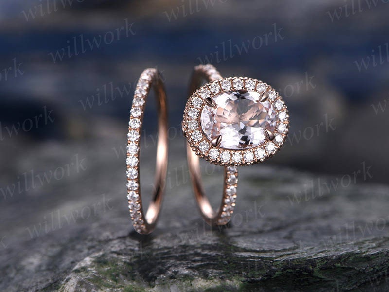 Morganite engagement ring set-handmade Solid 14k Rose gold ring-Real Diamond band-6x8mm Oval gemstone Halo Moissanite ring-Bridal Ring set