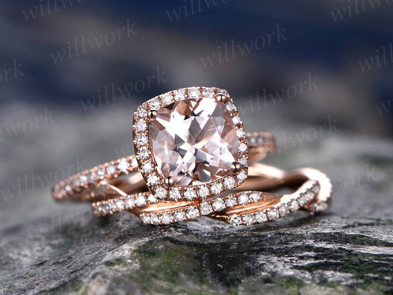 Cushion Morganite engagement ring-Solid 14k Rose gold morganite ring set-Twisted Real Diamond Band- promise ring for her -halo wedding band
