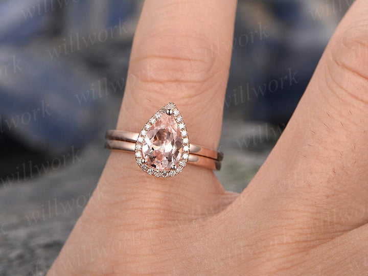 2pcs Tear Droped Morganite engagement ring set-Solid 14k Rose gold ring-Plain matching band- promise ring-anniversary ring for her-pave set