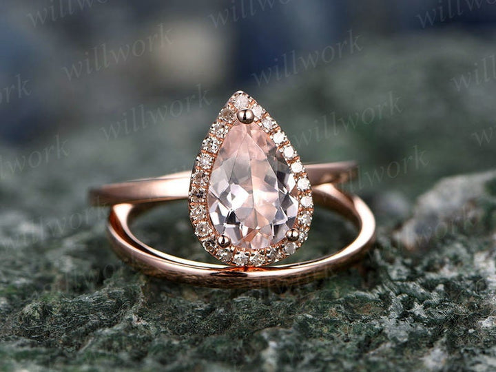 2pcs Tear Droped Morganite engagement ring set-Solid 14k Rose gold ring-Plain matching band- promise ring-anniversary ring for her-pave set