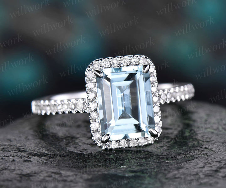 Aquamarine ring vintage unique Emerald cut aquamarine engagement ring white gold halo half eternity diamond ring for women promise ring gift