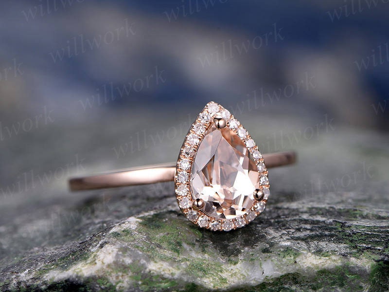 Pink morganite engagement ring solid 14k rose gold ring real diamond halo ring pear antique unique gift bridal wedding promise ring for her