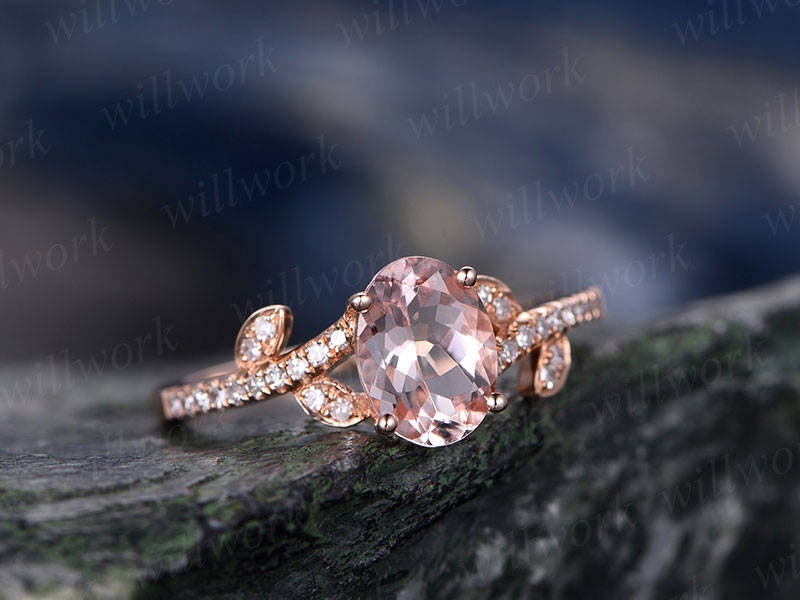 Morganite engagement ring-Solid 14k Rose gold ring-Real Diamond ring-9x7mm Oval gemstone Floral Flower promise ring-Unique band