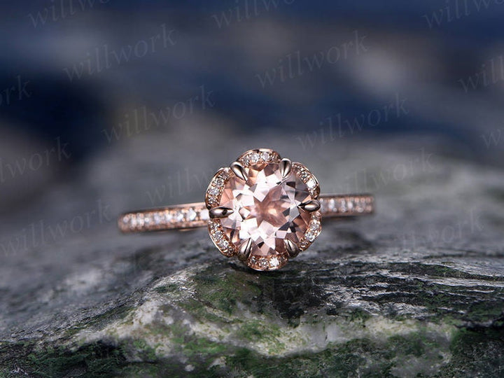 7mm morganite engagement ring solid 14k rose gold ring Real diamond halo ring art deco unique antique floral bridal wedding promise ring