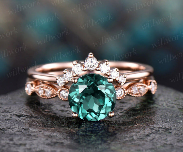 Emerald engagement ring set rose gold emerald ring vintage marquise diamond ring crown 2pc matching stacking wedding promise bridal ring set