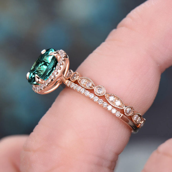 Emerald ring vintage emerald engagement ring set rose gold full eternity matching marquise diamond halo ring band bridal wedding ring set