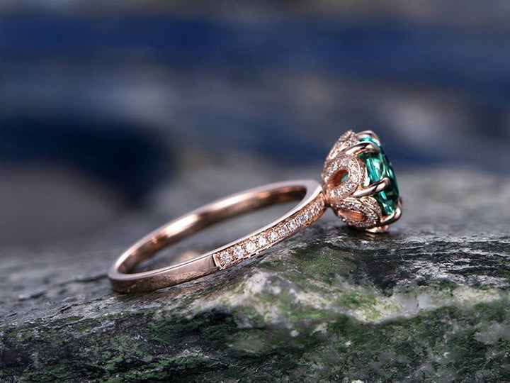 7mm emerald ring vintage emerald engagement ring 14k rose gold ring real diamond halo ring unique antique floral bridal wedding promise ring