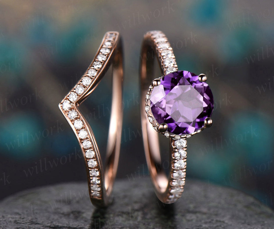 Purple amethyst engagement ring set rose gold under halo moissanite 2pc stacking matching crown unique wedding bridal promise ring set gift