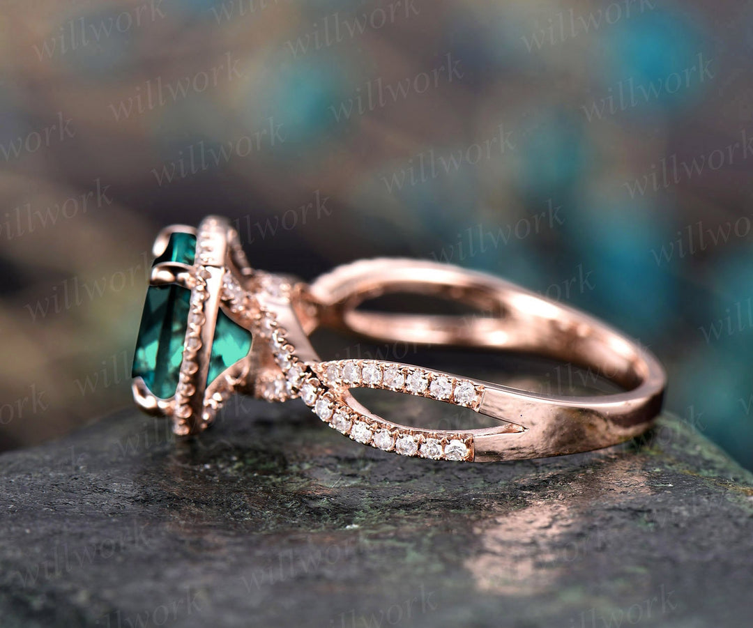 Cushion emerald ring vintage emerald engagement ring rose gold halo diamond ring may birthstone infinity unique jewelry wedding bridal ring