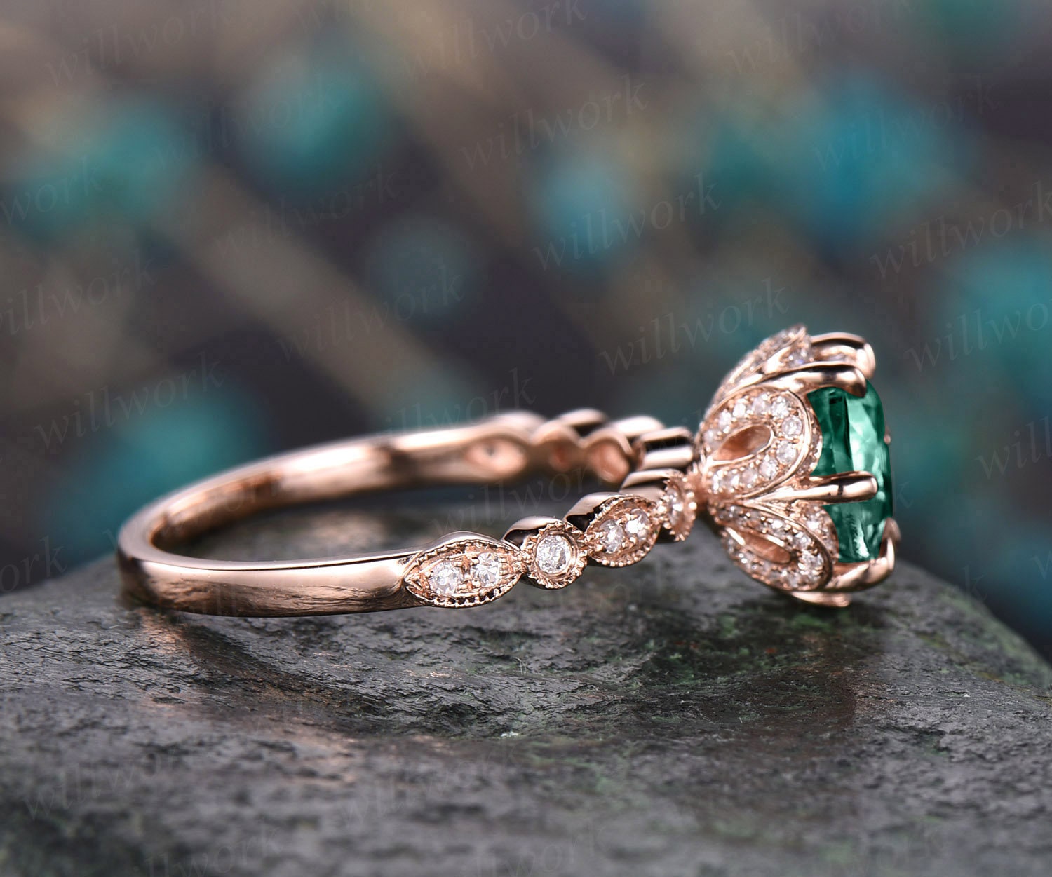 Art Deco Emerald Engagement Ring Leaf Style Emerald Wedding Ring Vintage Emerald online Bridal Ring Antique Anniversary Promise Ring For Women