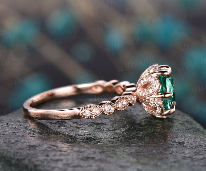 7mm emerald ring vintage emerald engagement ring 14k rose gold diamond under halo ring unique antique marquise floral wedding promise ring