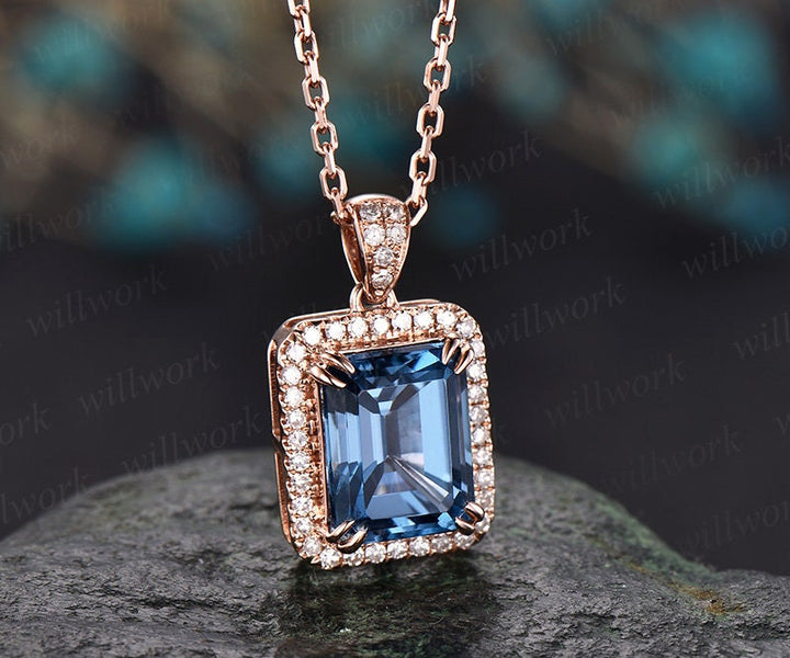 London blue topaz necklace blue topaz necklace 14k rose gold pendant December birthstone necklace dainty unique real diamond halo necklace
