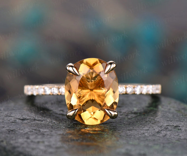 Natural oval citrine engagement ring solid 14k yellow gold citrine ring gold real diamond ring November birthstone ring wedding bridal ring