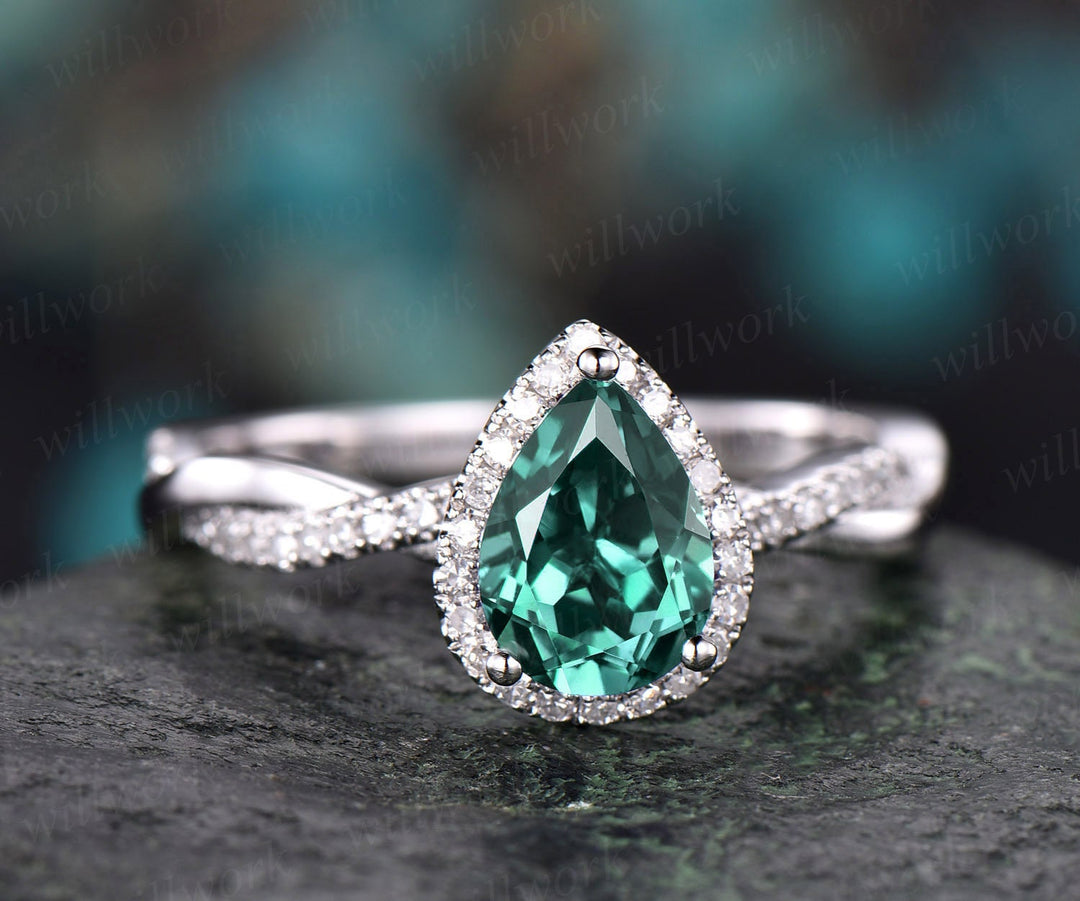 Pear cut green emerald engagement ring white gold emerald ring vintage real diamond halo ring unique May birthstone promise wedding ring