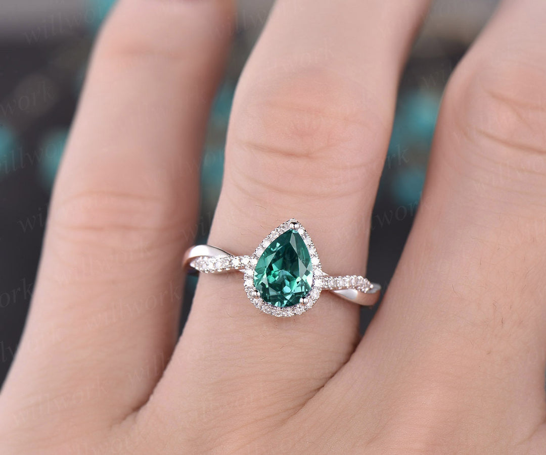 Pear cut green emerald engagement ring white gold emerald ring vintage real diamond halo ring unique May birthstone promise wedding ring