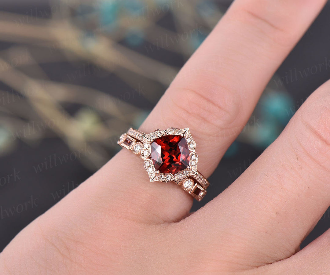 2pc red garnet engagement ring 14k rose gold garnet ring gold antique diamond halo ring garnet matching band January birthstone wedding ring