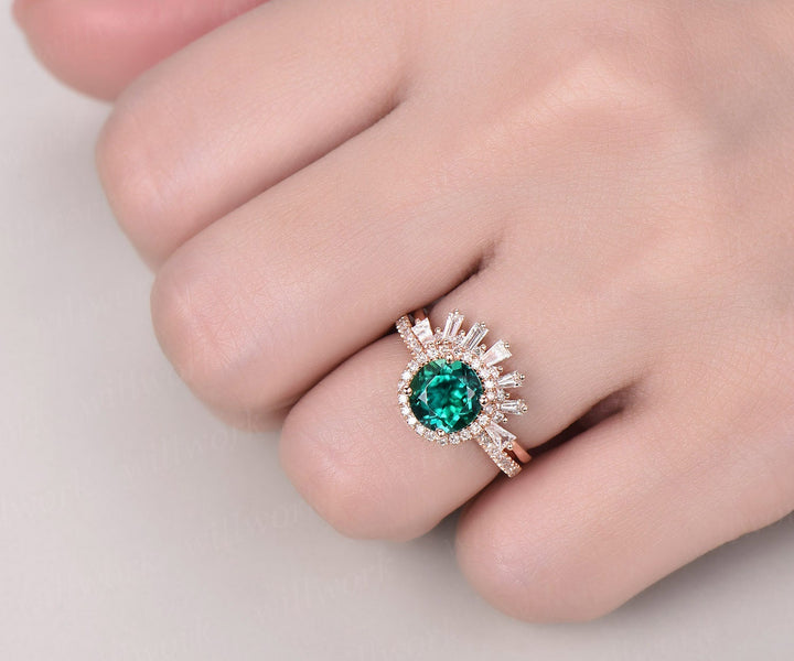 Green emerald engagement ring set rose gold real diamond ring matching stacking vintage unique crown halo wedding bridal promise ring set