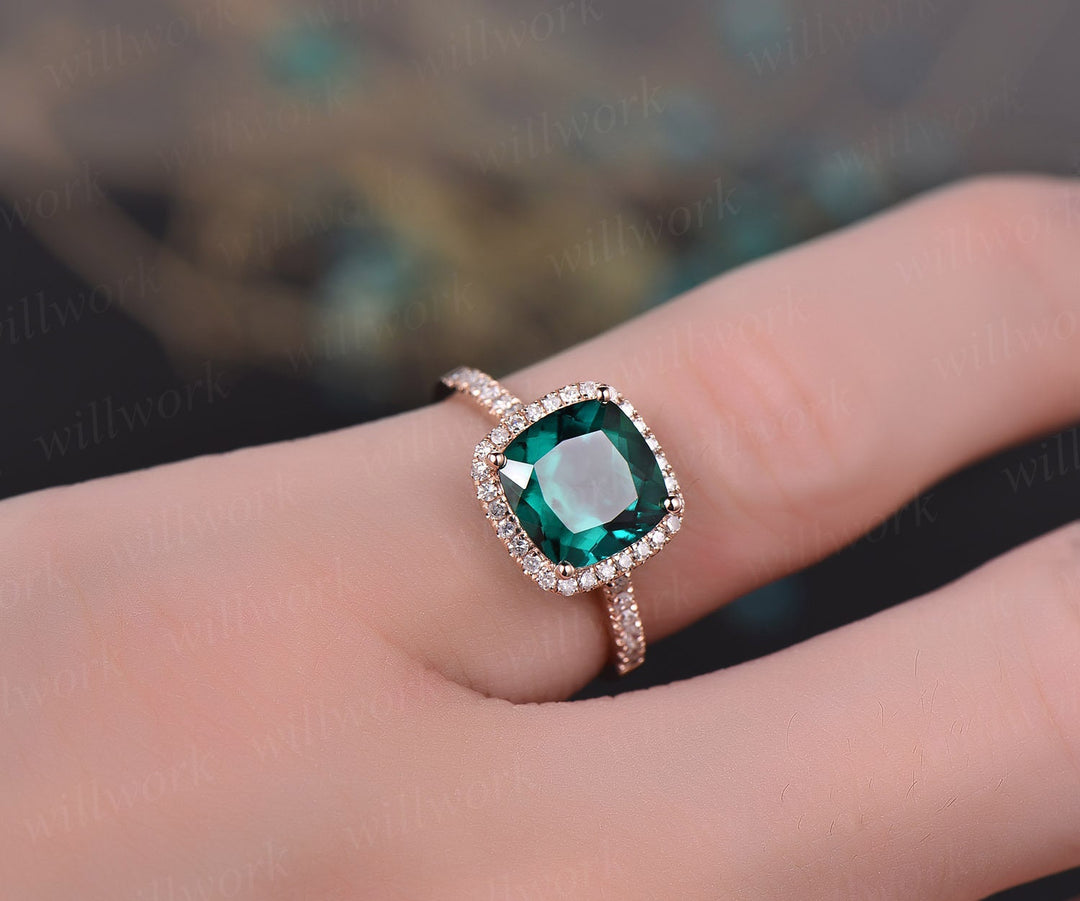 Cushion green emerald engagement ring solid 14k rose gold real diamond halo ring emerald ring vintage May birthstone wedding promise ring