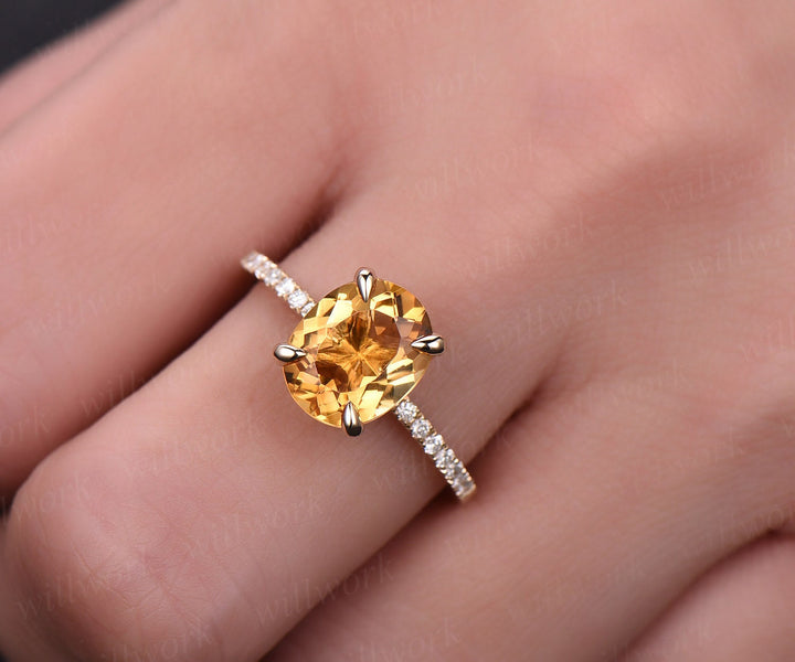 Natural oval citrine engagement ring solid 14k yellow gold citrine ring gold real diamond ring November birthstone ring wedding bridal ring