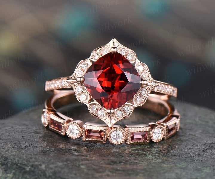 2pc red garnet engagement ring 14k rose gold garnet ring gold antique diamond halo ring garnet matching band January birthstone wedding ring
