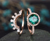 Green emerald engagement ring set rose gold real diamond ring matching stacking vintage unique crown halo wedding bridal promise ring set