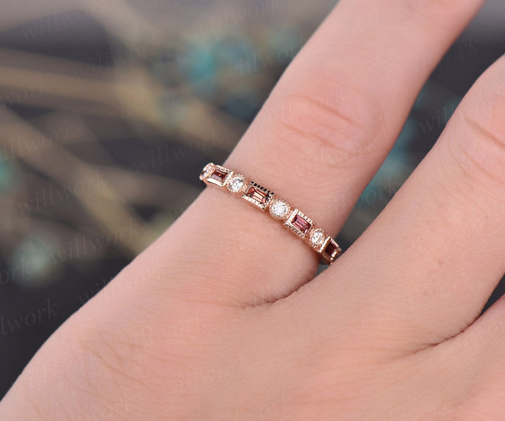 Garnet diamond wedding ring band 14k rose gold garnet ring vintage stacking half eternity matching wedding band princess cut promise ring