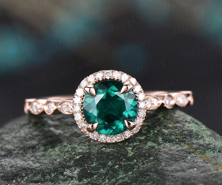 Art deco emerald ring gold green emerald engagement ring 14k rose gold vintage diamond halo marquise women gift wedding promise bridal ring