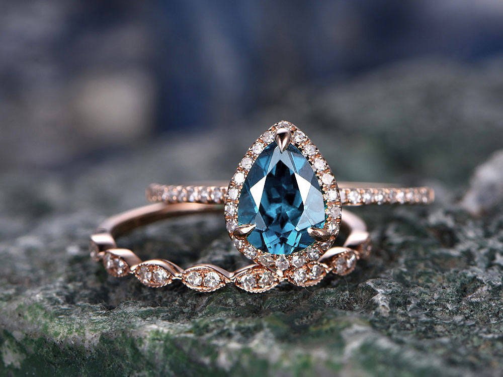 2pcs Pear cut London blue topaz engagement ring set rose gold topaz ring gold handmade diamond matching wedding November birthstone ring set