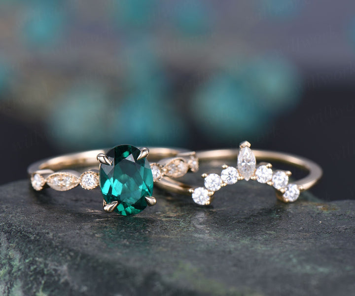 2pc emerald engagement ring set 14k yellow gold art deco diamond ring crown moissanite wedding matching May birthstone ring fine jewelry