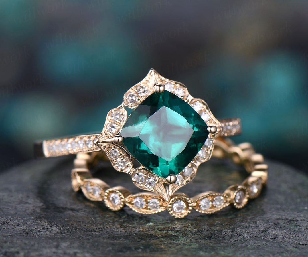 Green emerald engagement ring set yellow gold 2pc flower diamond halo full eternity matching art deco wedding May birthstone bridal ring set
