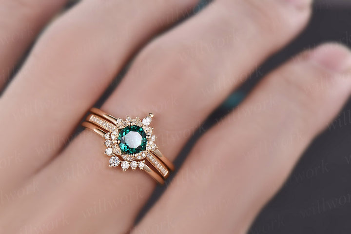 3pcs emerald engagement ring set yellow gold May birthstone matching flower crown diamond halo ring moissanite wedding bridal ring band set