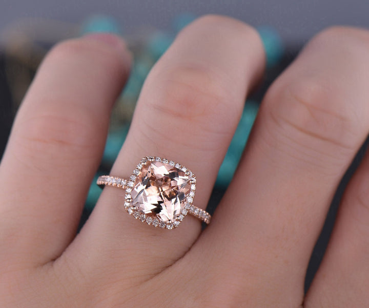 9mm cushion cut pink morganite engagement ring for women vintage rose gold bridal ring halo ring unique moissanite ring half eternity ring