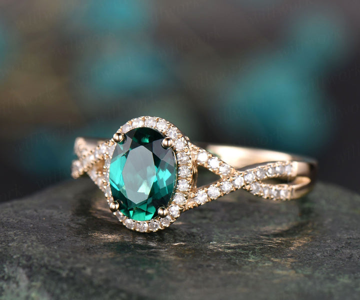 Green emerald ring vintage emerald engagement ring yellow gold diamond halo ring may birthstone infinity unique jewelry wedding bridal ring
