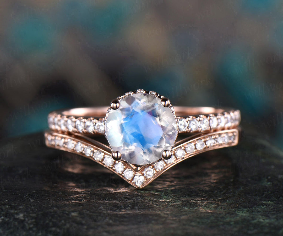 Natural moonstone ring gold vintage 2pc moonstone engagement ring set rose gold under halo moissanite matching crown wedding bridal ring set