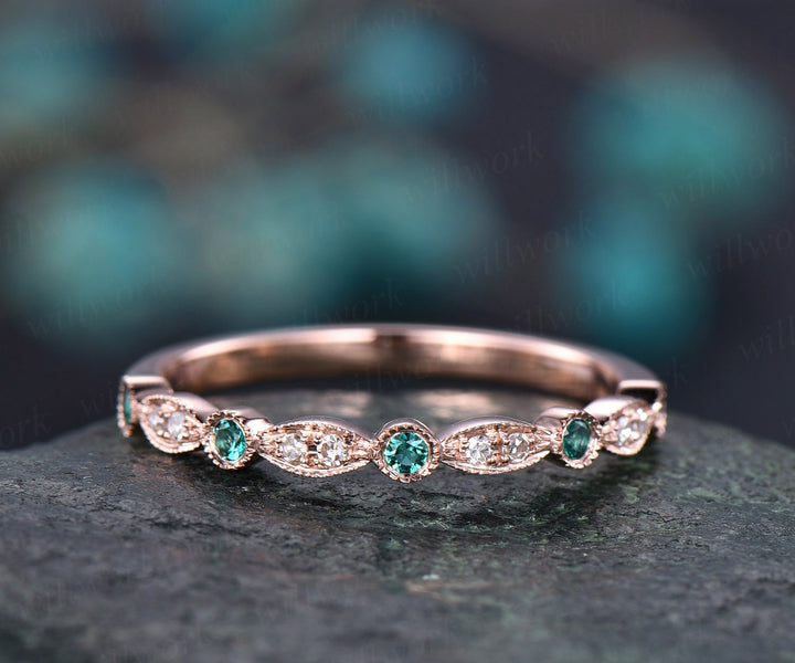 Natural emerald wedding ring band half eternity diamond wedding band 14k rose gold art deco marquise engagement May birthstone promise ring