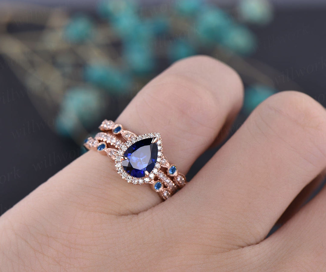 Blue sapphire engagement ring set rose gold 3pc sapphire wedding ring band vintage diamond halo ring unique marquise women bridal ring set