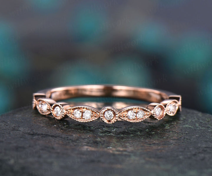 Half eternity diamond wedding ring art deco diamond 14k rose gold ring marquise ring milgrain wedding band bridal anniversary ring band gift