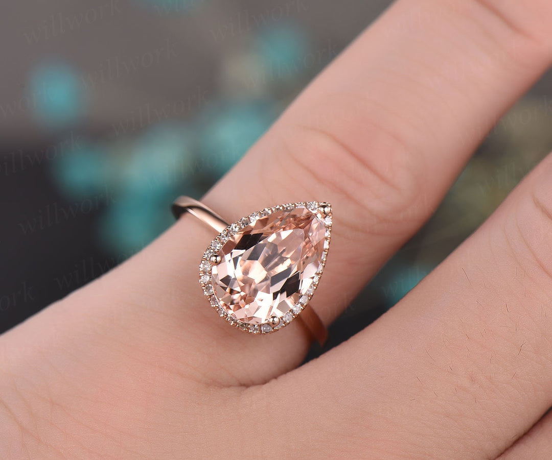 8x12mm pear morganite engagement ring rose gold morganite ring diamond halo ring antique unique bridal wedding promise ring gift for her