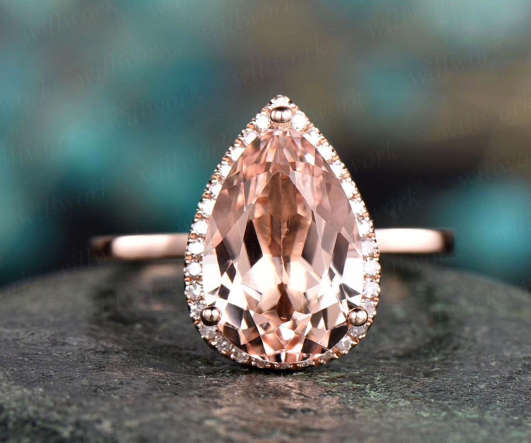 8x12mm pear morganite engagement ring rose gold morganite ring diamond halo ring antique unique bridal wedding promise ring gift for her