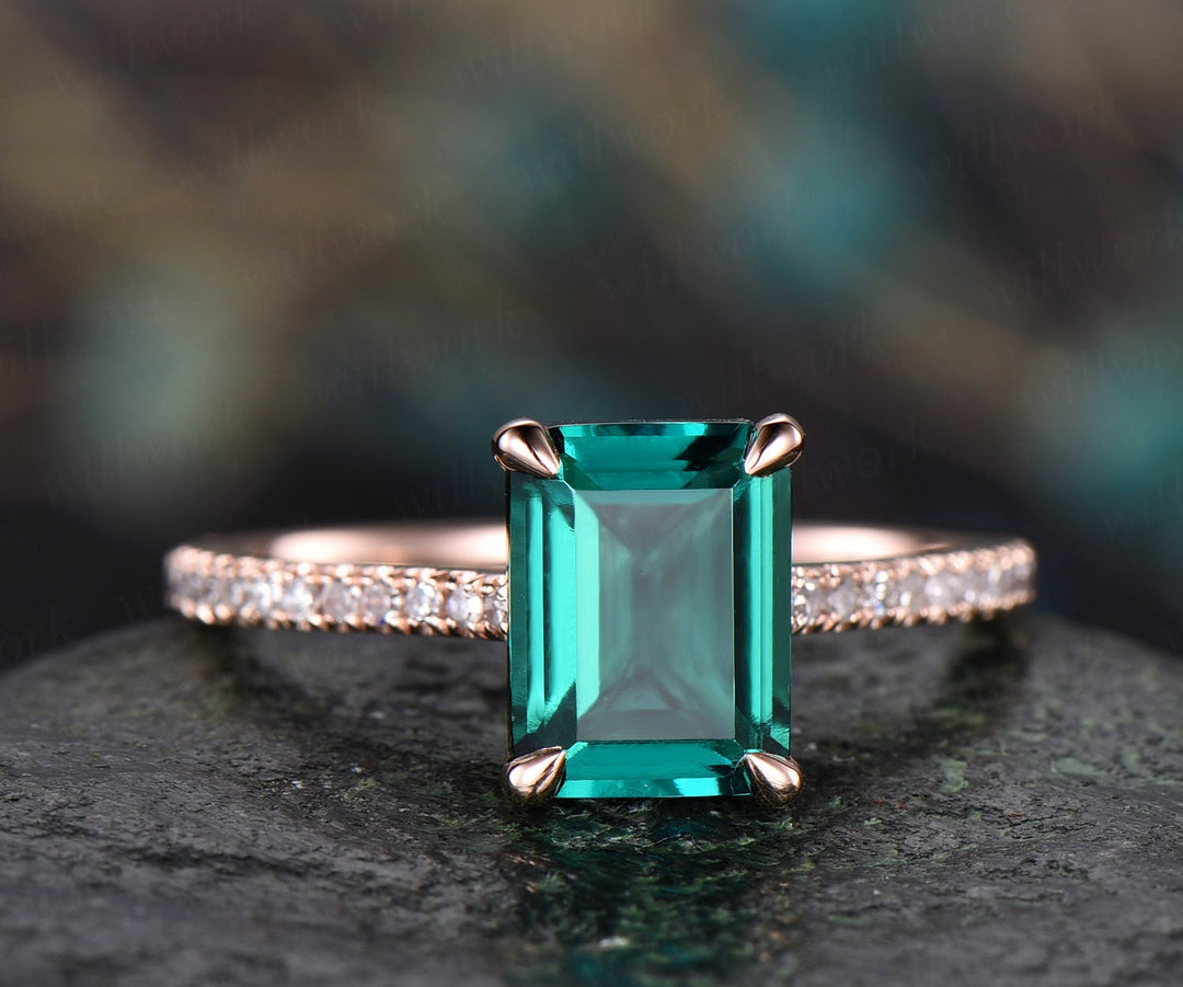 Unique vintage engagement ring 6x8mm emerald cut emerald engagement ring 14k rose gold full eternity diamond ring band gift custom jewelry