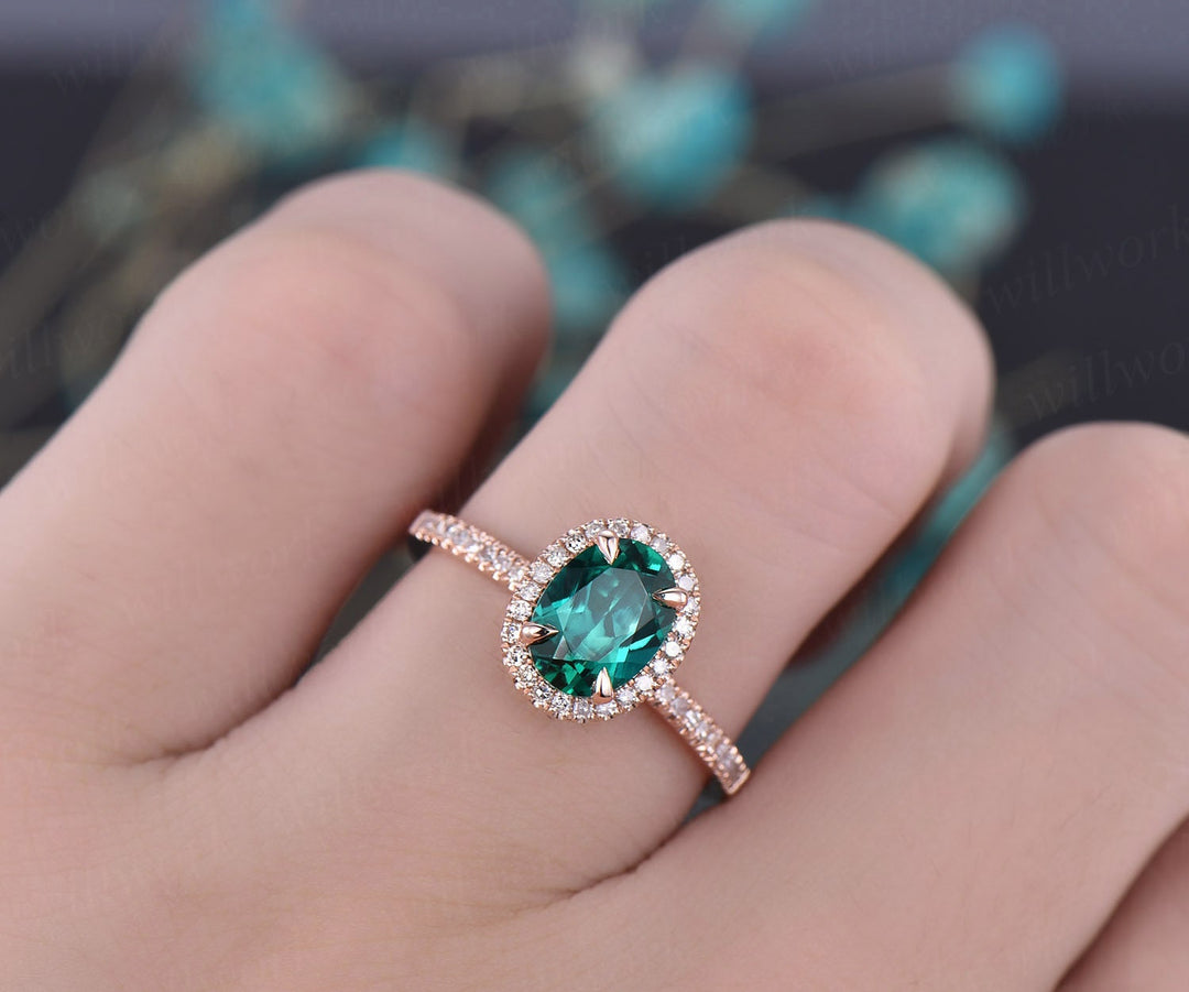 ONLY the emerald engagement ring 14k rose gold 1PC emerald ring vintage real diamond ring unique halo may birthstone promise wedding ring