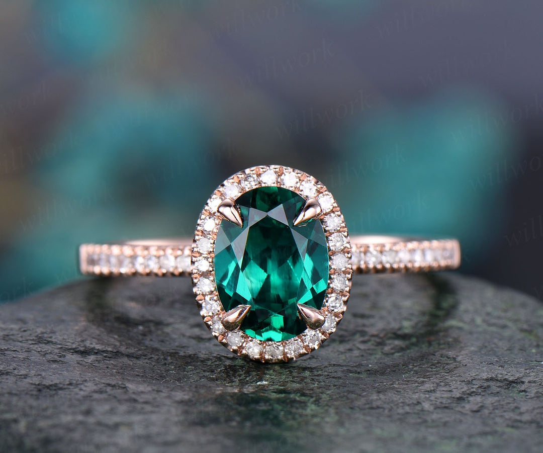 Emerald engagement ring 14k rose gold emerald ring vintage real diamond ring unique halo may birthstone anniversary wedding ring