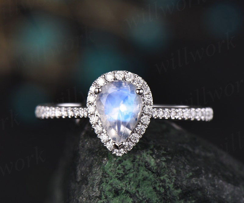 8x6mm Pear Cut Moonstone Engagement Ring Set In 14K White Gold - Oveela  Jewelry